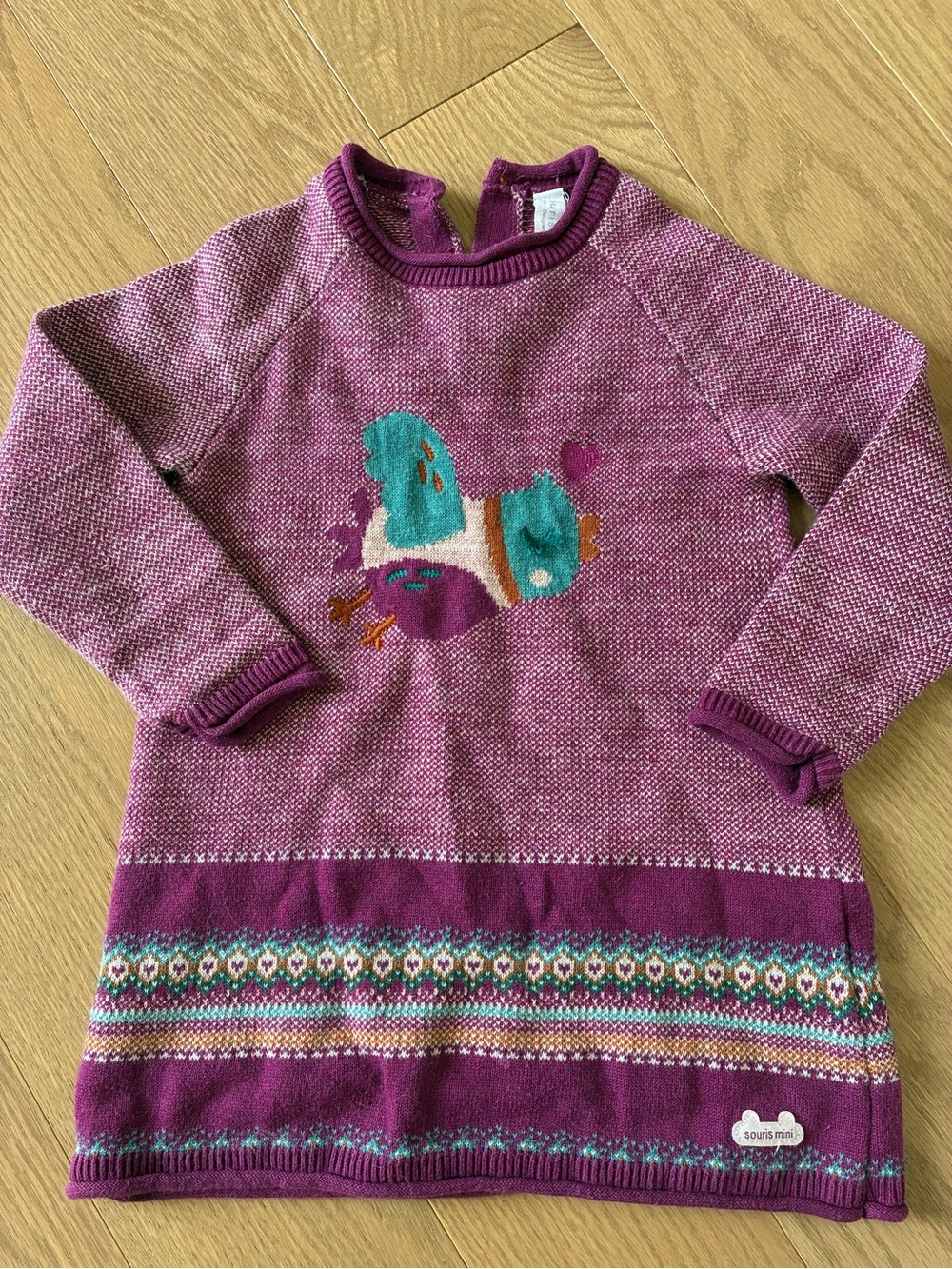 Souris Mini – Robe tricotée oiseaux – 12-18 mois